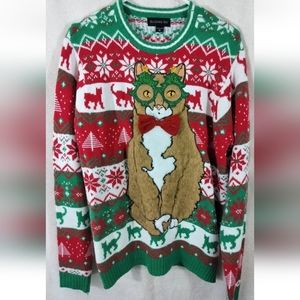 Blizzard Bay Cool Cat Eyeglasses Snowflakes Ugly Christmas Sweater Sz Medium EUC
